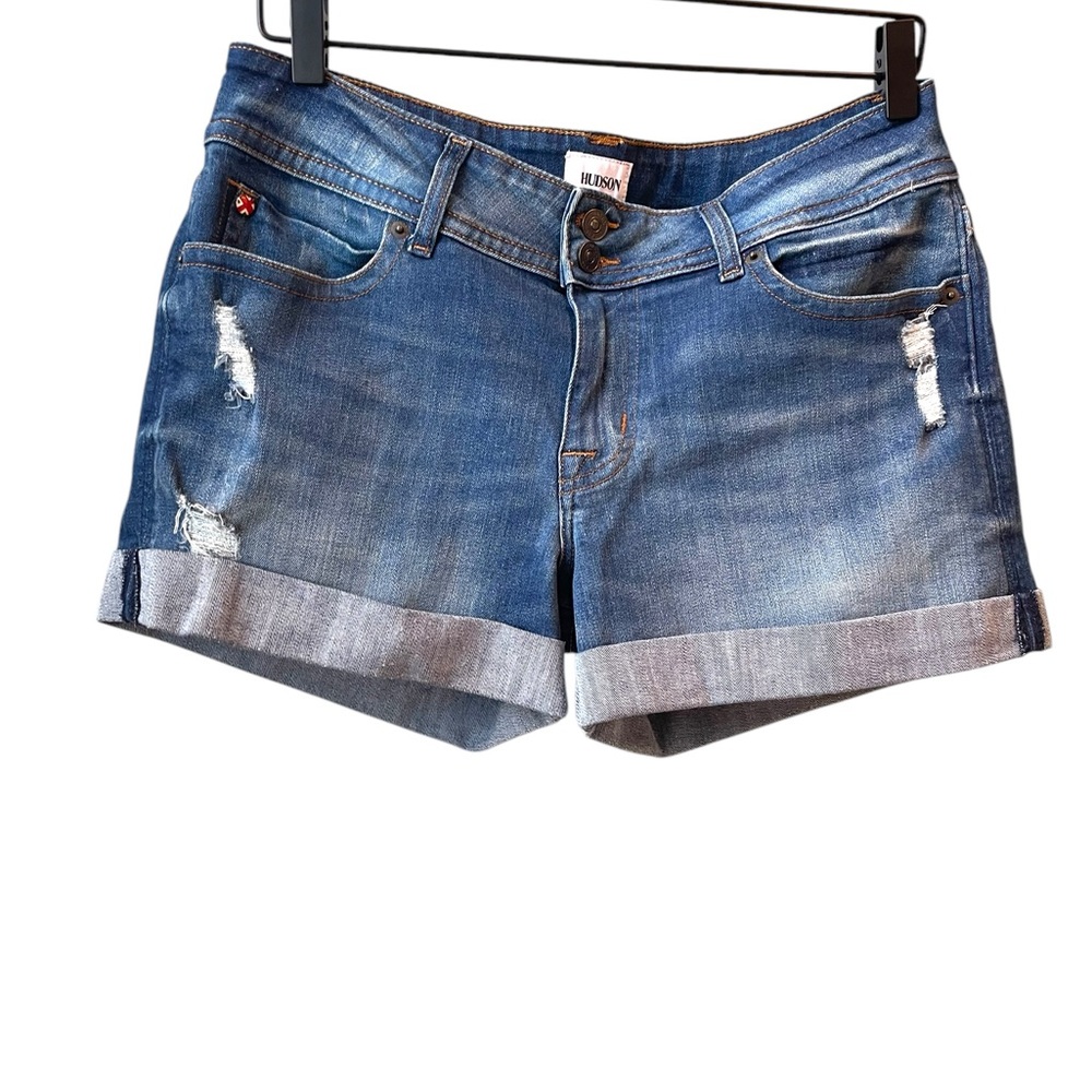 Hudson Jeans, Ruby Blue Jean Shorts, Distressed Cuffed Hem, Size 30
